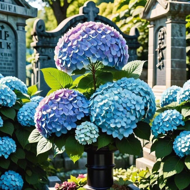 Stroik na grobie z hortensji i wrzosów